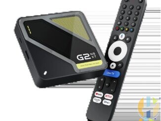 RockTek G2 Next Google TV box angled glossy black with yellow vent beside matte number-button voice remote, DROIX product photo