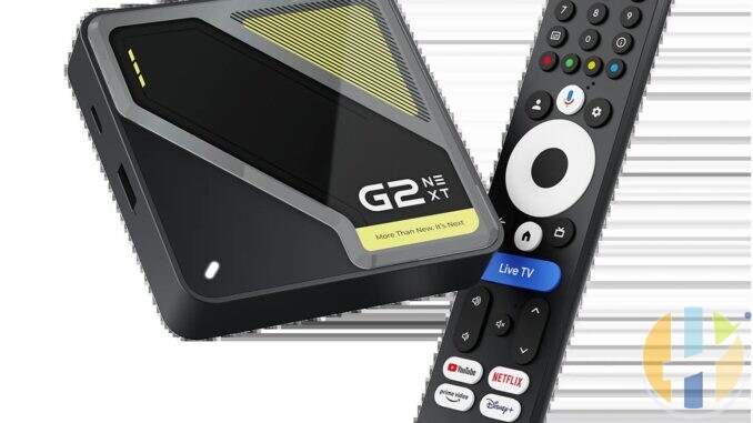 RockTek G2 Next Google TV box angled glossy black with yellow vent beside matte number-button voice remote, DROIX product photo