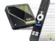 RockTek G2 Next Google TV box angled glossy black with yellow vent beside matte number-button voice remote, DROIX product photo
