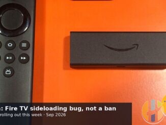 Amazon Fire TV Stick and remote on display, sideloading Settings bug fix coming week graphic with husham.com stamp, September 2026