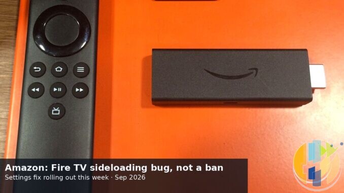 Amazon Fire TV Stick and remote on display, sideloading Settings bug fix coming week graphic with husham.com stamp, September 2026