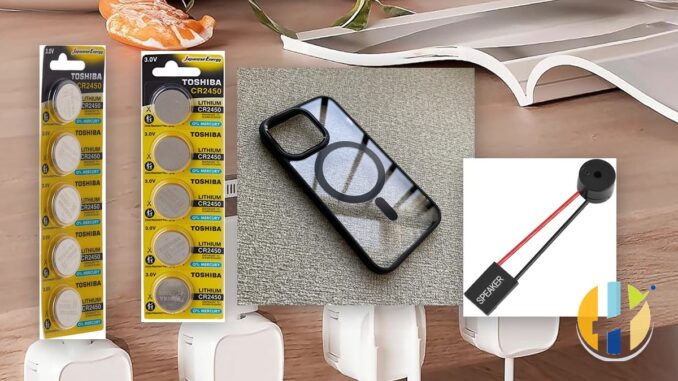 Under-fiver tech haul still life with phone case and coin batteries, husham.com stamp