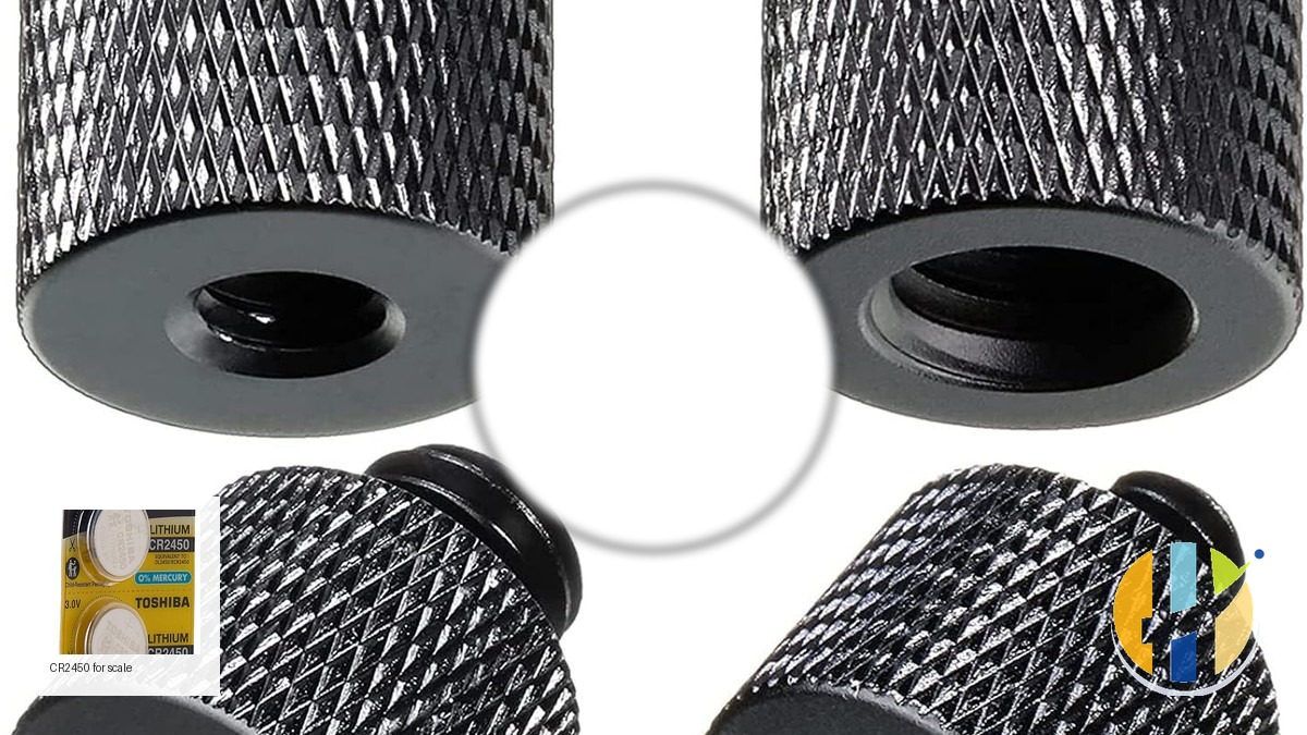 Tripod screw adapters 1/4 and 3/8 with coin cell for scale, husham.com stamp