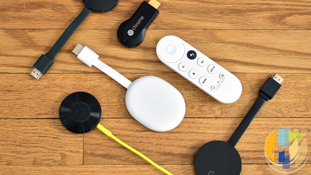 Real collection of Chromecast streaming sticks and a Google TV remote — multi-stick Google TV hardware for ad-tier playback context; no forged Netflix/Disney logos.