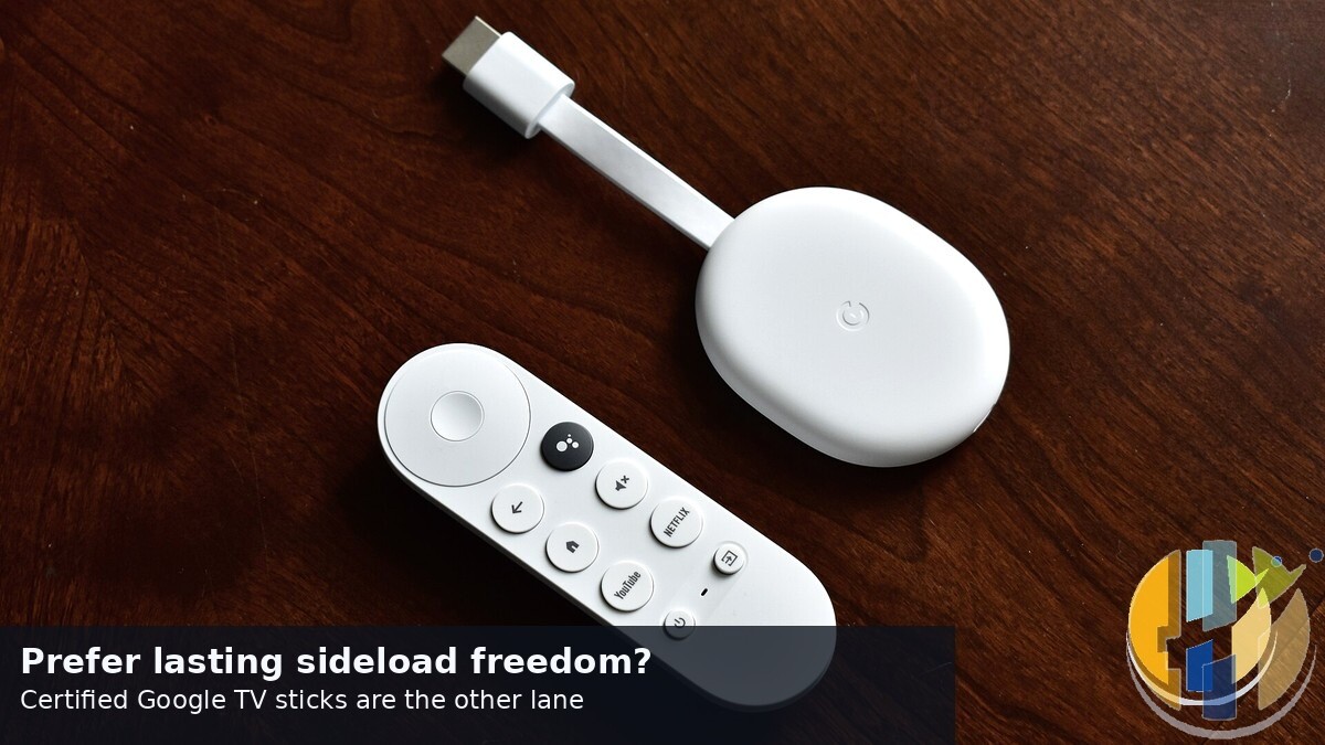 Chromecast with Google TV on wood table as certified alternative, husham.com stamp, September 2026
