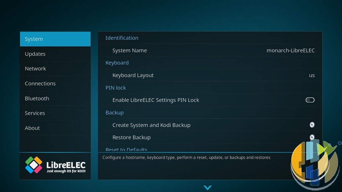 Real LibreELEC system settings screen (just enough OS for Kodi) — official media-centre install path, not a pirate add-on store.