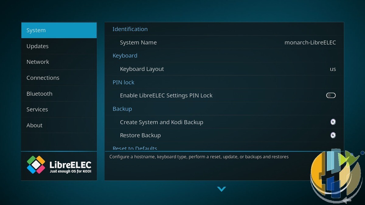 Real LibreELEC system settings screen — official just-enough OS for Kodi local media, not a pirate add-on store.