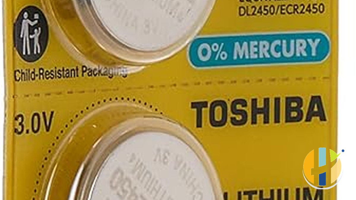 Toshiba CR2450 coin cell pack close-up, husham.com stamp