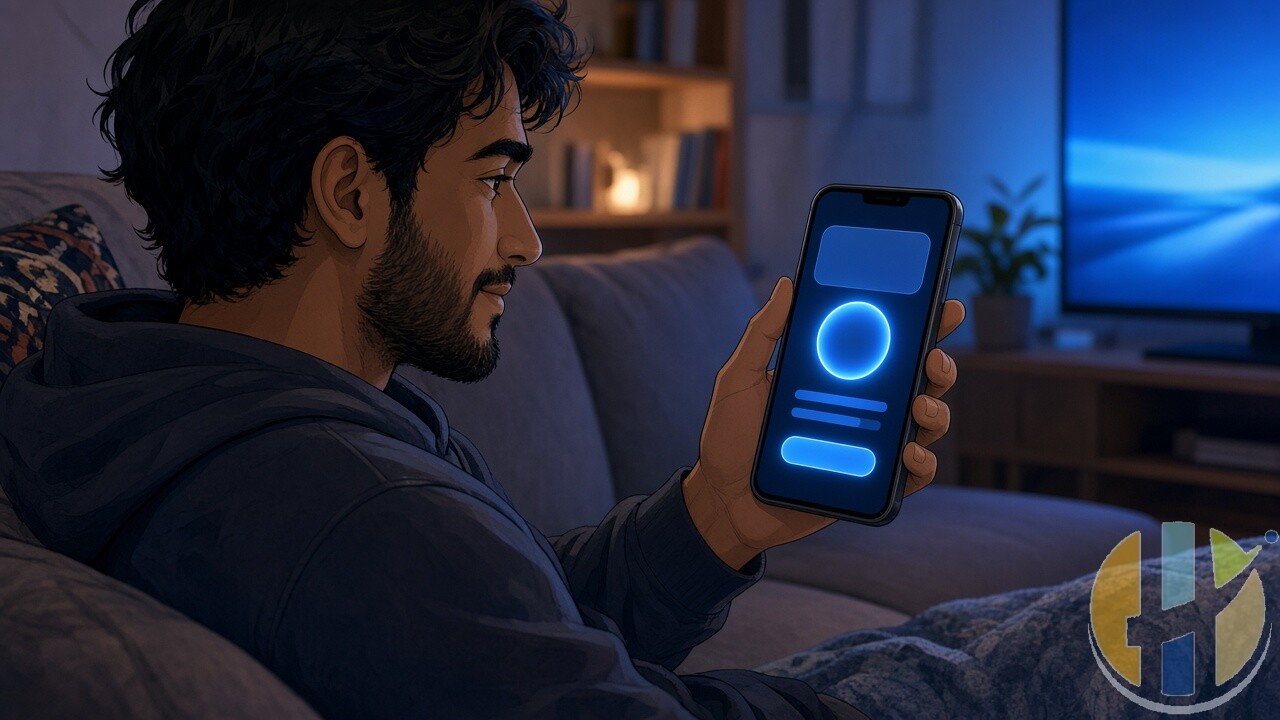 Anime-style illustration of a man on a couch checking a Disney Extra Member invite on his phone
