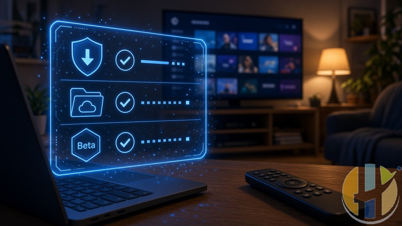 Holographic blue backup and beta checklist floating above a laptop beside a TV remote