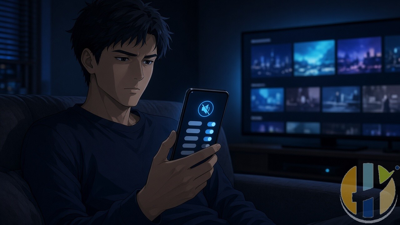Anime-style man on a couch checking ad-free subscription settings on his phone while a streaming TV glows behind him