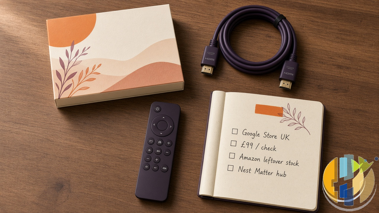 Top-down checklist on a desk with a streaming remote, HDMI cable, and handwritten notes about Google Store UK £99