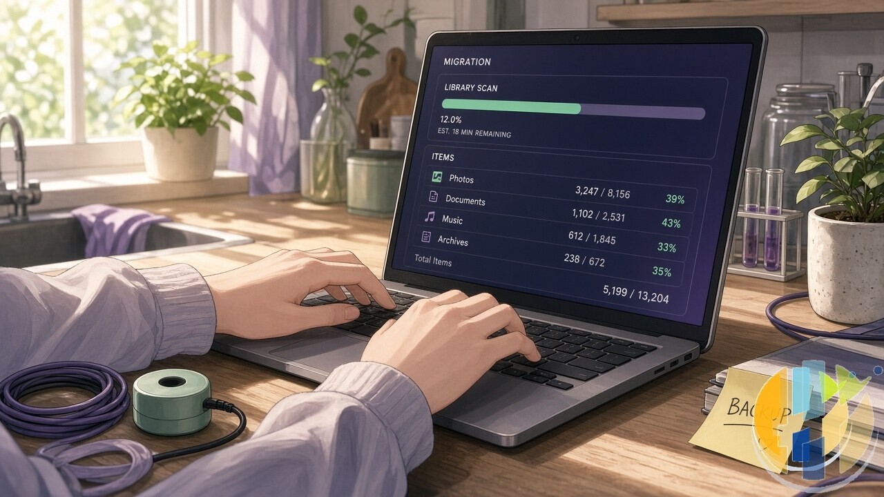 Hands on a laptop showing a Jellyfin-style migration and library scan progress screen, with a BACKUP sticky note