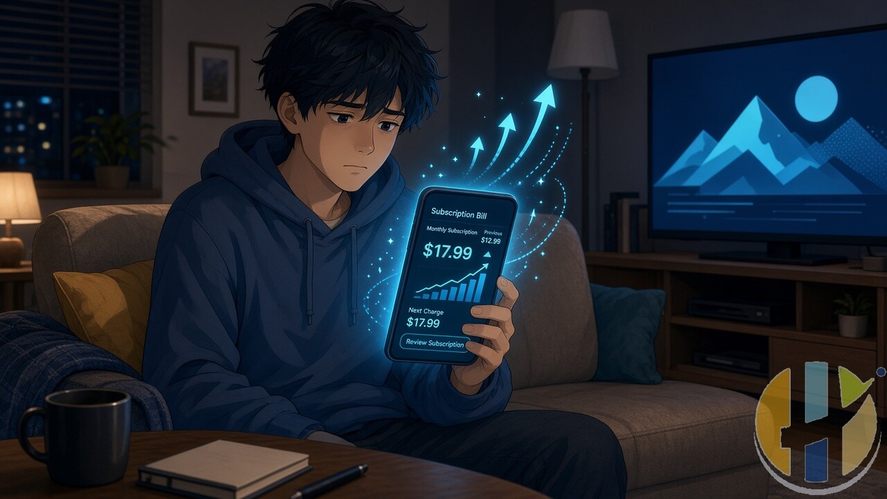 Anime-style man on a couch checking a rising subscription bill on his phone
