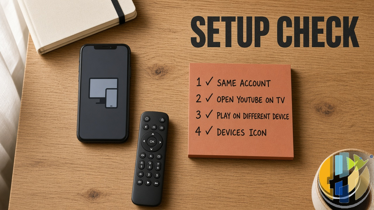 Desk flat lay with sticky note checklist for YouTube phone-to-TV setup: same account, open YouTube on TV, Play on different device, devices icon