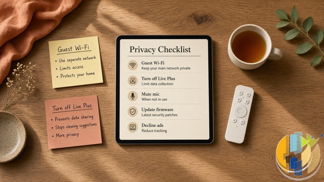Kitchen table flat lay with a privacy checklist on a tablet: Guest Wi-Fi, Turn off Live Plus, Mute mic, Update firmware, Decline ads