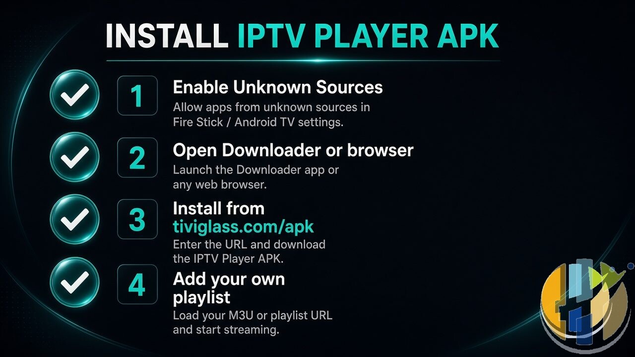 Install TiviGlass IPTV player APK via tiviglass.com/apk on Fire Stick Android TV