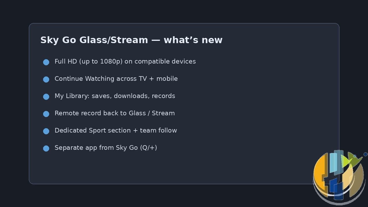 Checklist for the new Sky Go Glass Stream app: Full HD, Continue Watching, remote record