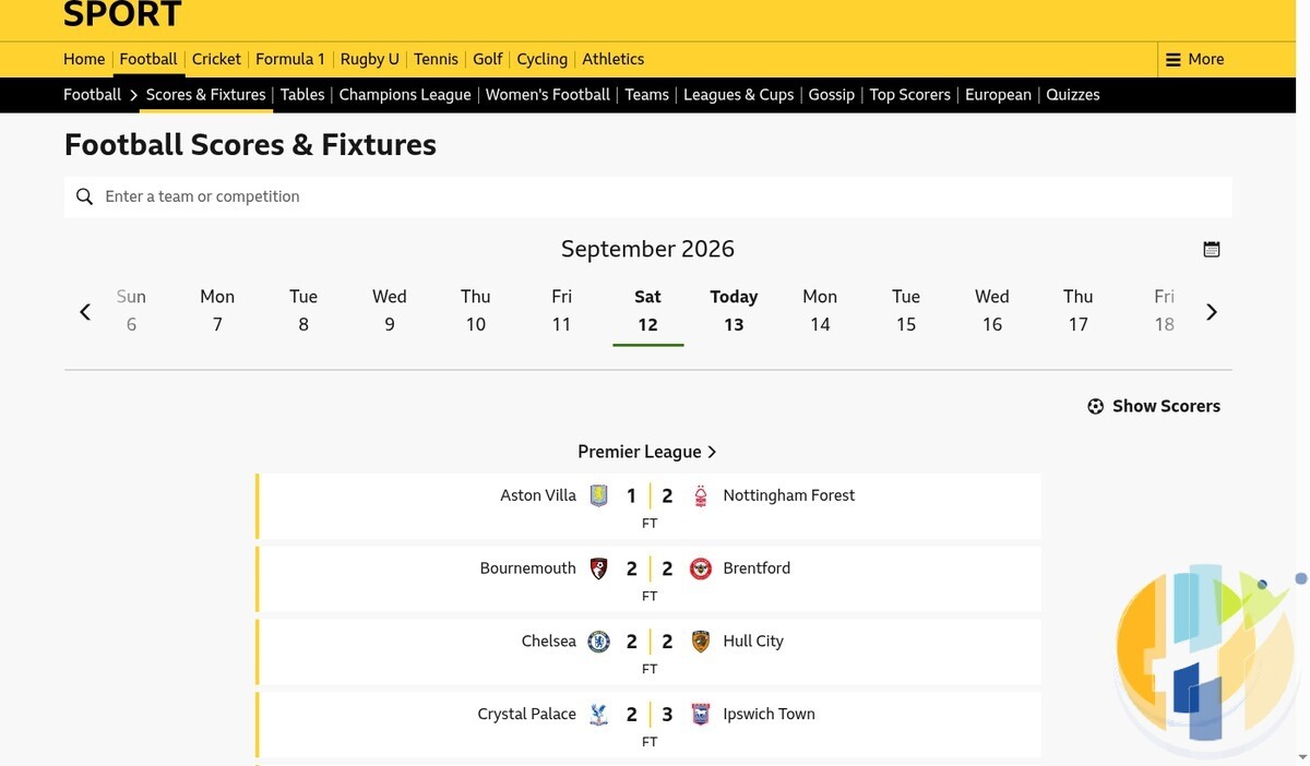 BBC Sport football scores screenshot Saturday 12 September 2026 Premier League results