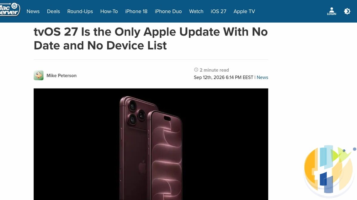 MacObserver headline: tvOS 27 is the only Apple update with no date and no device list