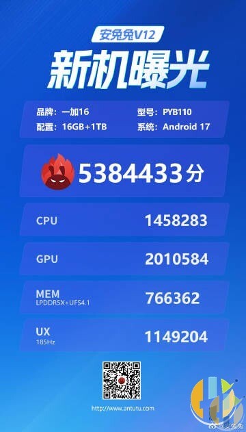 AnTuTu V12 listing for OnePlus 16 showing a 5,384,433 total score