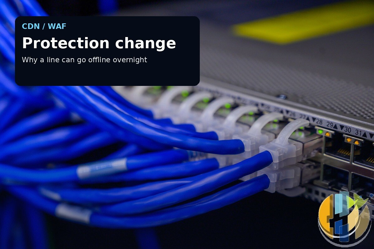 A real network-cabling photograph with editorial labels about CDN/WAF changes taking streaming lines offline.