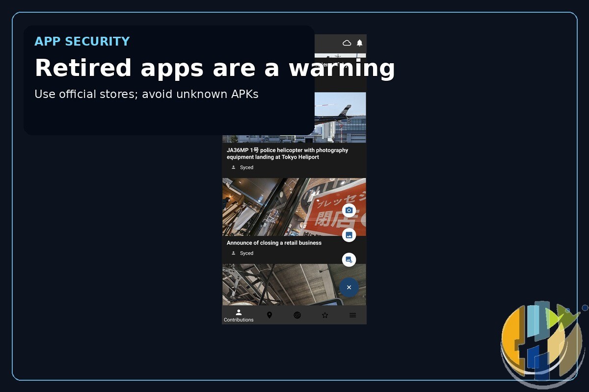 Real Wikimedia Commons Android app screenshot presented with an app-security/retirement caption; no APK or brand mark was generated.