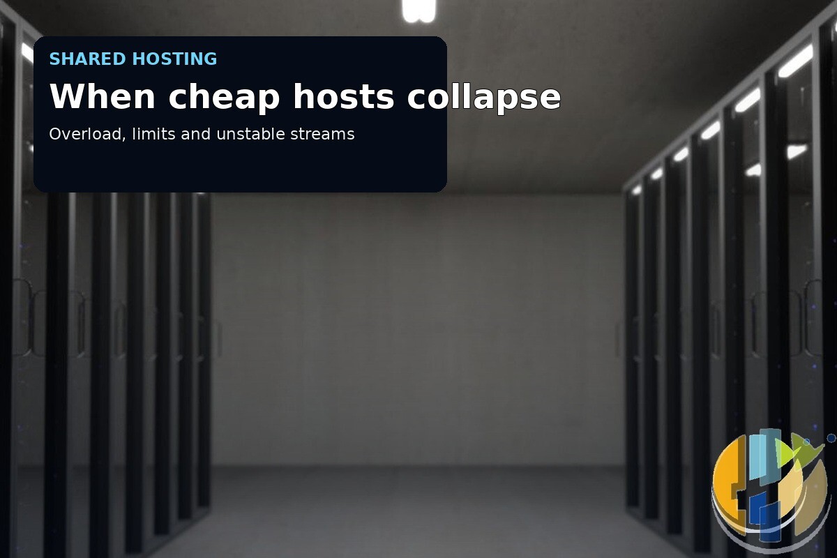 Real server-room photograph with a shared-hosting collapse caption.