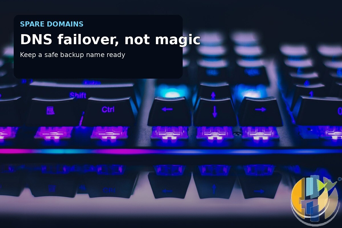 Real illuminated network keyboard photograph used as a spare-domain/DNS failover visual.
