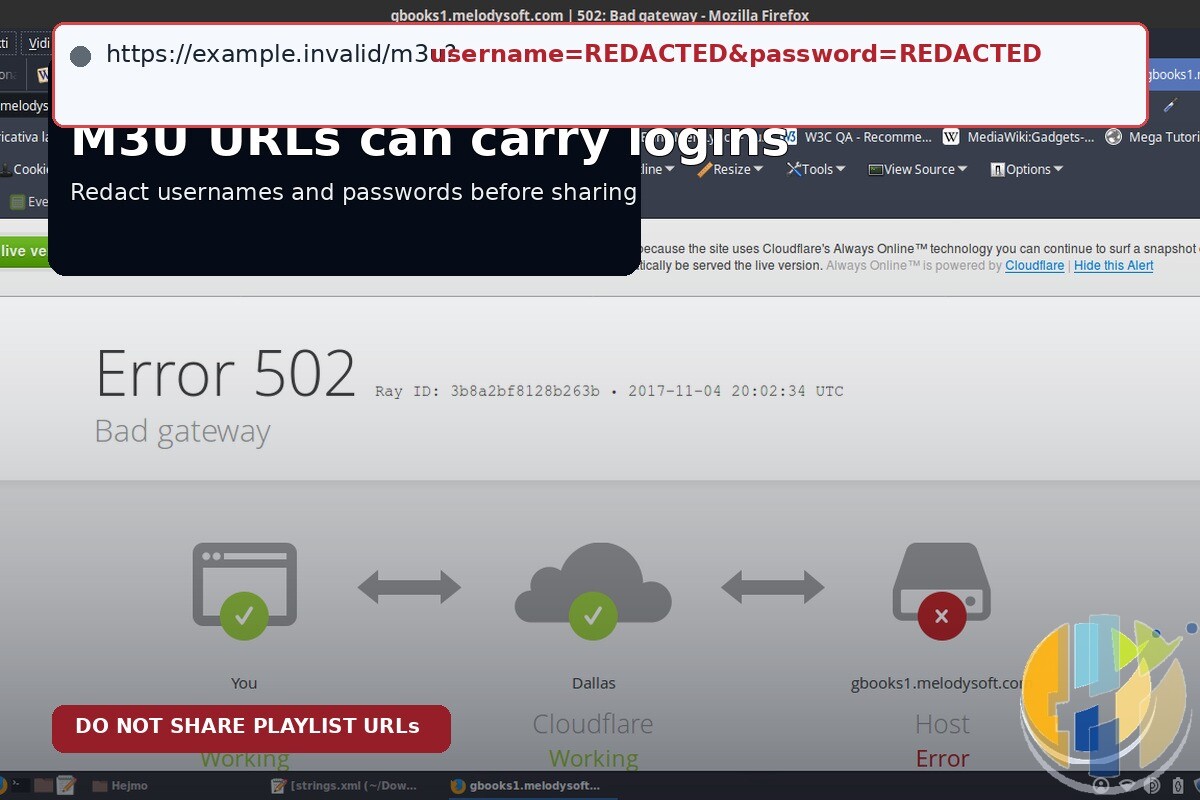 Real Cloudflare 502 browser screenshot used as the base; the address bar is an explicit educational mock-up with username/password visibly redacted, and no secret is retained.