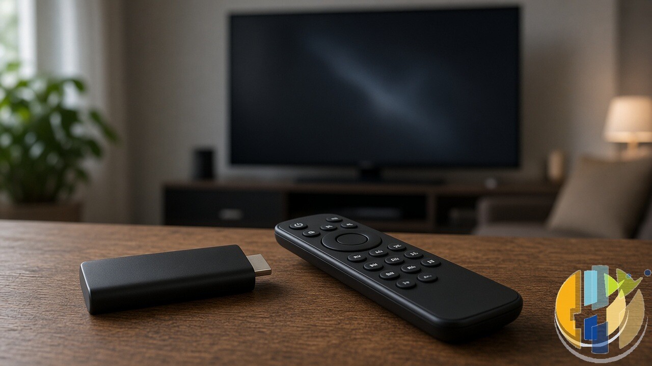 Unbranded streaming stick on a table beside a blank television screen