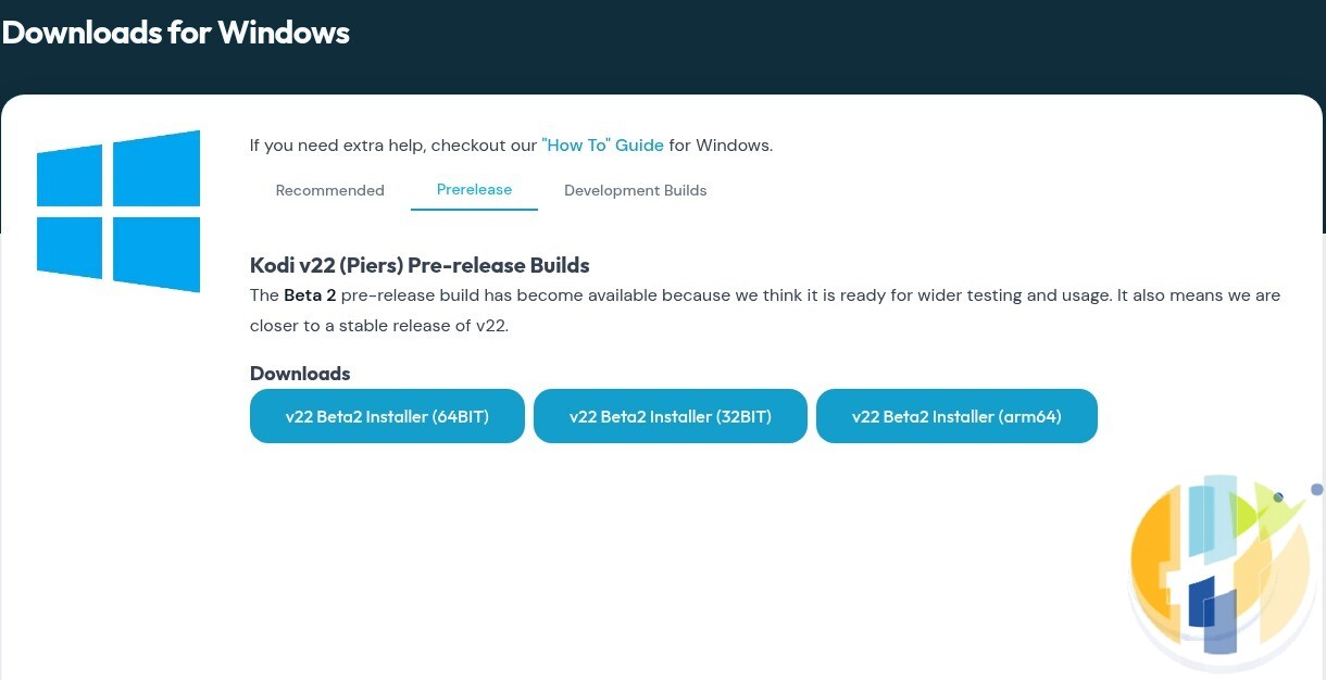 Official Kodi Windows download page with the Prerelease tab showing Kodi v22 Piers Beta 2 installers for 64-bit, 32-bit and arm64