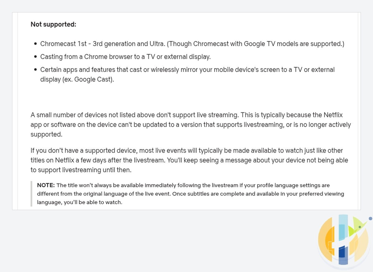 Netflix Help Centre live events page listing devices and casting methods that are not supported for livestreams