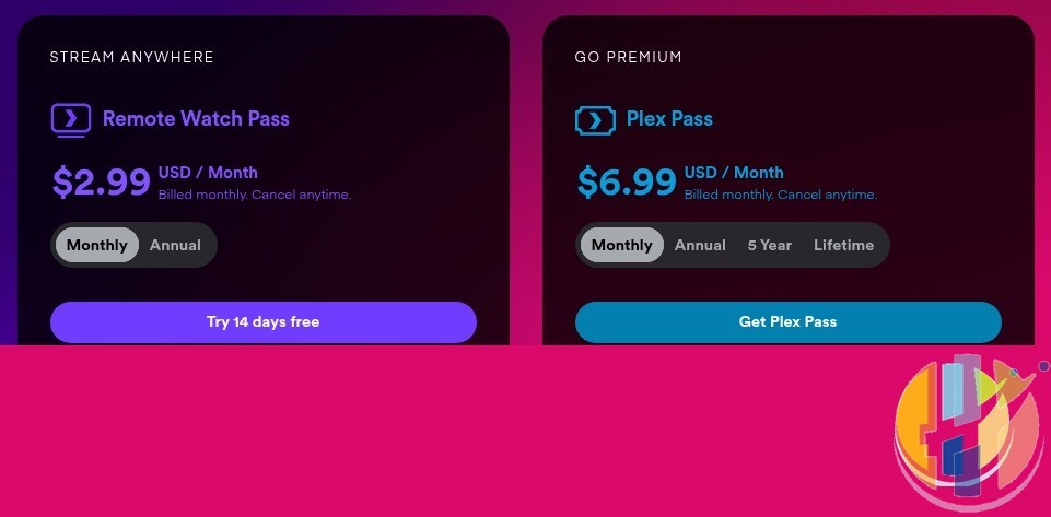 Plex plans page showing Remote Watch Pass at 2.99 US dollars a month and Plex Pass at 6.99 US dollars a month