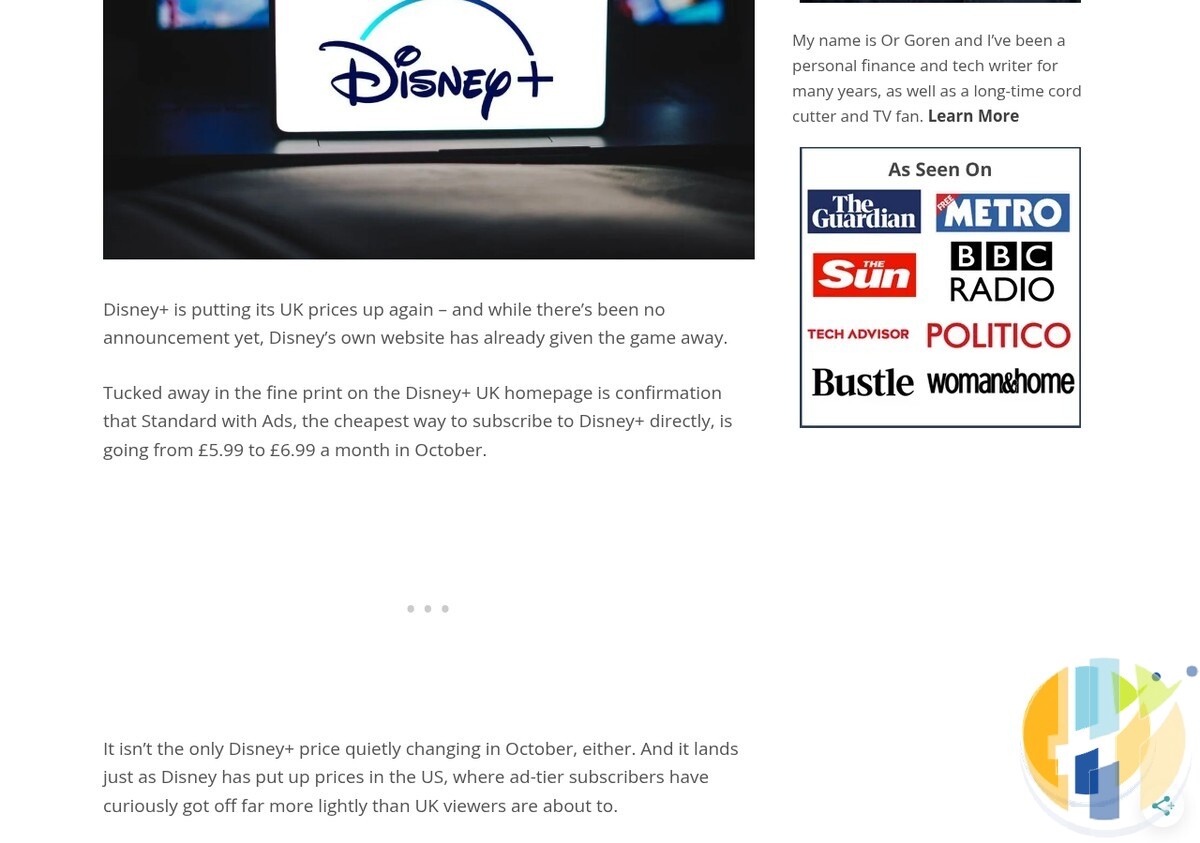 Cord Busters article explaining Disney+ UK Standard with Ads fine print and the move toward £6.99 a month
