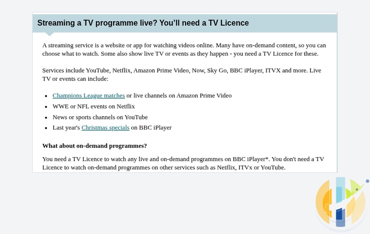 TV Licensing guidance saying a TV Licence is needed to stream live TV or events, including WWE or NFL events on Netflix