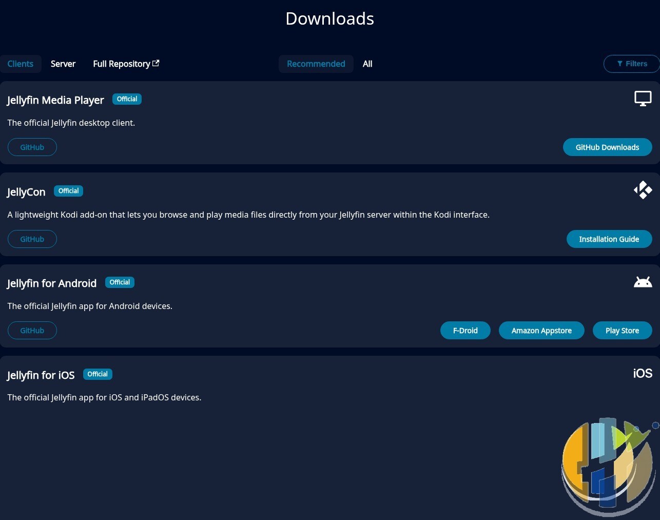Jellyfin official downloads page listing official clients including Jellyfin Media Player, JellyCon for Kodi, Android and iOS apps