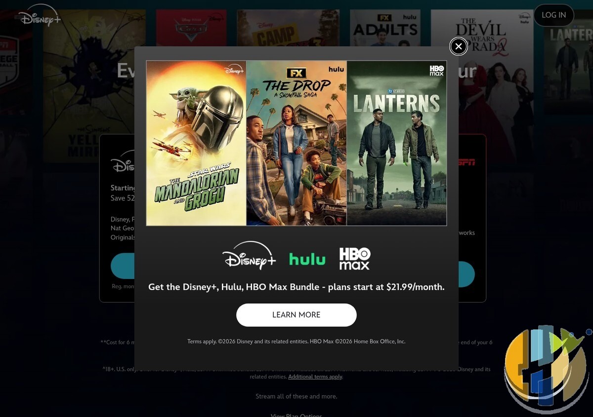 Disney+ United States homepage showing current US bundle pricing starting around eleven dollars ninety-nine