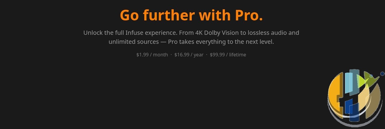 Firecore Infuse website showing Infuse Pro pricing at 1.99 US dollars a month, 16.99 a year or 99.99 lifetime