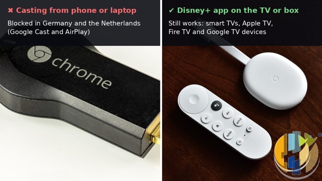 First generation Chromecast with casting blocked in Germany and the Netherlands next to a Chromecast with Google TV where the Disney+ app still works.