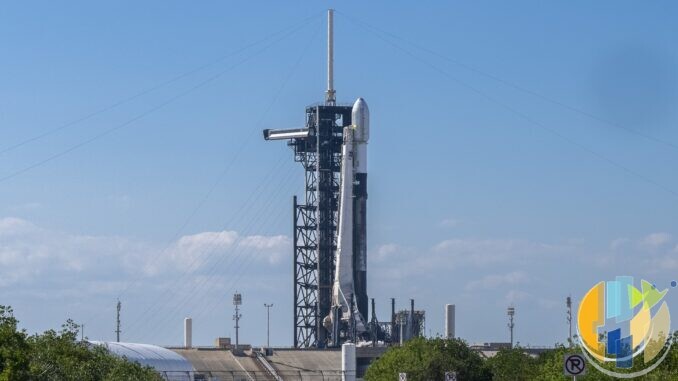 SpaceX Falcon 9 rocket on the launch pad at Kennedy Space Center before launching Intuitive Machines' IM-2 Athena lander