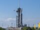 SpaceX Falcon 9 rocket on the launch pad at Kennedy Space Center before launching Intuitive Machines' IM-2 Athena lander