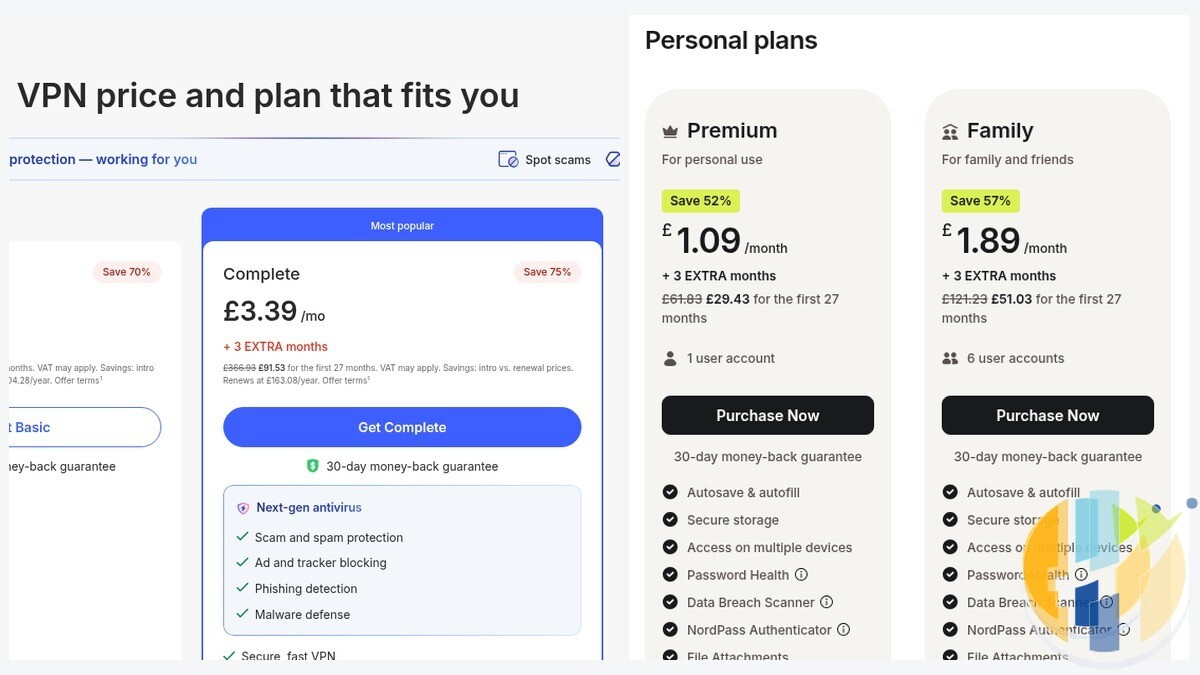 NordVPN and NordPass UK pricing cards side by side as shown on 10 October 2026