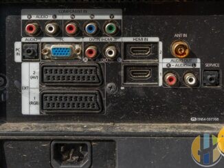 Rear connection panel of an older television with HDMI, SCART and component inputs but no USB port
