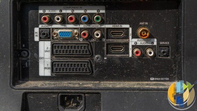 Rear connection panel of an older television with HDMI, SCART and component inputs but no USB port