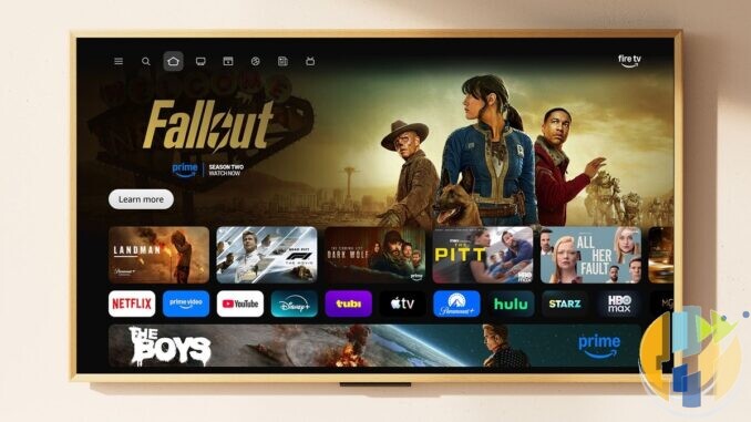 Amazon's new Fire TV home screen interface shown on a wall-mounted TV