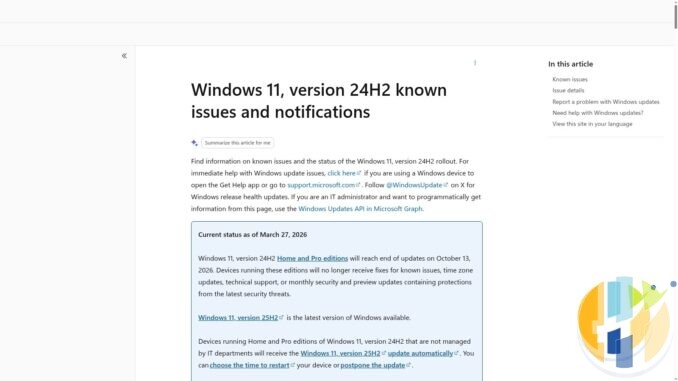 Microsoft Learn Windows 11 24H2 known issues page noting Home and Pro end of updates on 13 October 2026