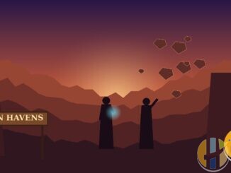 Original illustration of twin silhouettes in a desert canyon at sunset beside a wooden SEVEN HAVENS sign, with rocks floating overhead and a glowing spirit
