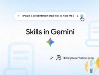 Official Google Skills in Gemini blog graphic showing a create a presentation prep skill prompt and the Gemini sparkle icon