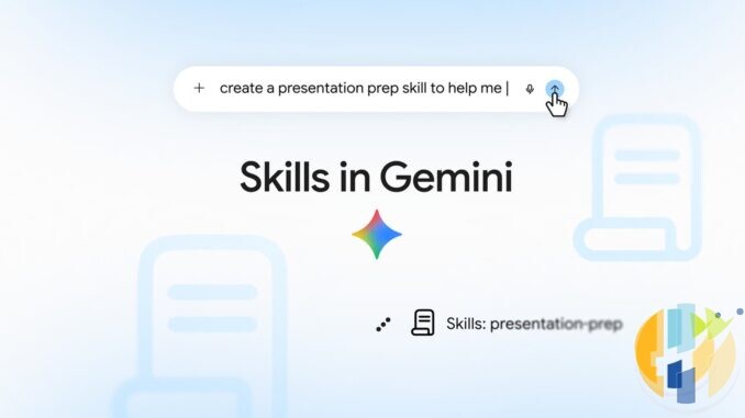 Official Google Skills in Gemini blog graphic showing a create a presentation prep skill prompt and the Gemini sparkle icon